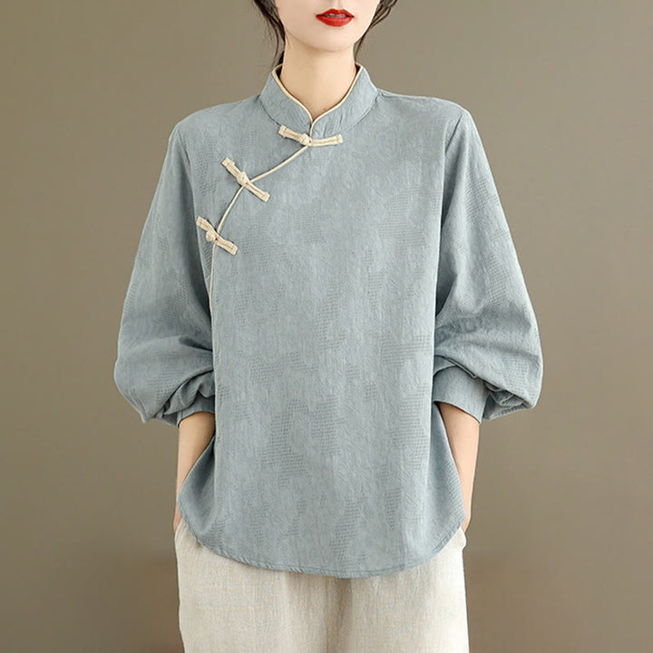 Camisa de algodón para mujer, de manga larga, cuello alto, botones de rana y flores tradicionales de primavera con Buddha Stones - image 1