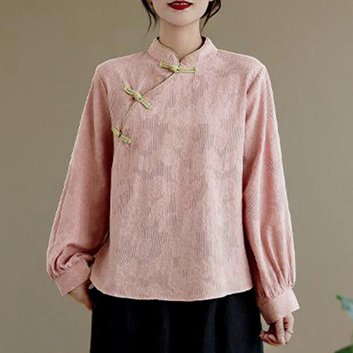 Camisa de algodón para mujer, de manga larga, cuello alto, botones de rana y flores tradicionales de primavera con Buddha Stones - image 10