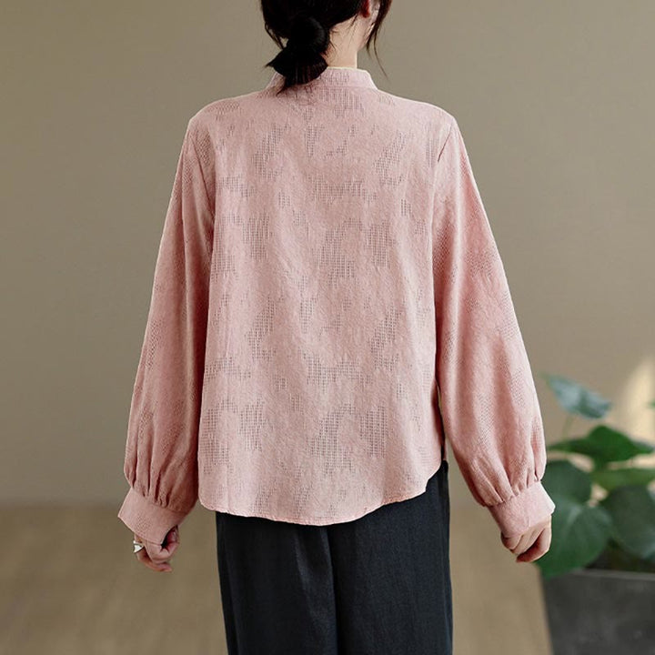 Camisa de algodón para mujer, de manga larga, cuello alto, botones de rana y flores tradicionales de primavera con Buddha Stones - image 9