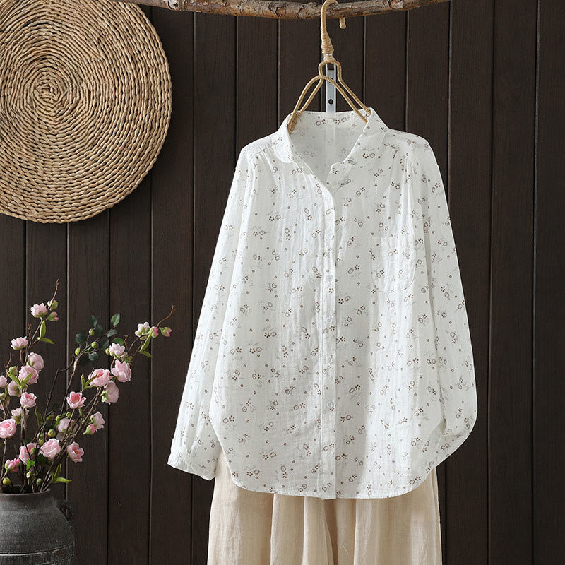 Camisa de algodón de manga larga para mujer con estampado floral pequeño de Buddha Stones otoñales. - Blanco - US8-10，UK/AU12-14，EU40-42 (2XL) - image 11