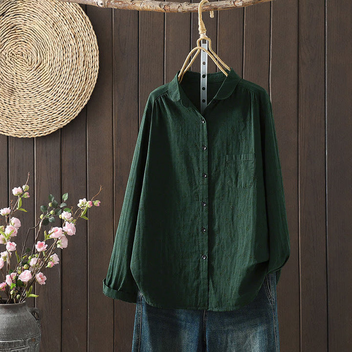 Camisa de algodón de manga larga para mujer con estampado floral pequeño de Buddha Stones otoñales. - Verde oscuro - US8-10，UK/AU12-14，EU40-42 (2XL) - image 17