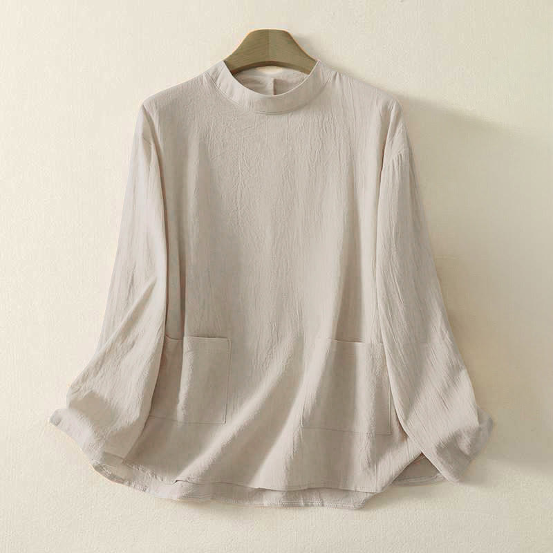 Camisa de algodón de manga larga para mujer con diseño de tres botones en la espalda y cuello redondo con estampado de Buddha Stones Fall - Beige - US8-10，UK/AU12-14，EU40-42 (2XL) - image 0