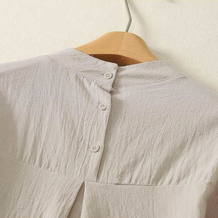 Camisa de algodón de manga larga para mujer con diseño de tres botones en la espalda y cuello redondo con estampado de Buddha Stones Fall - image 3