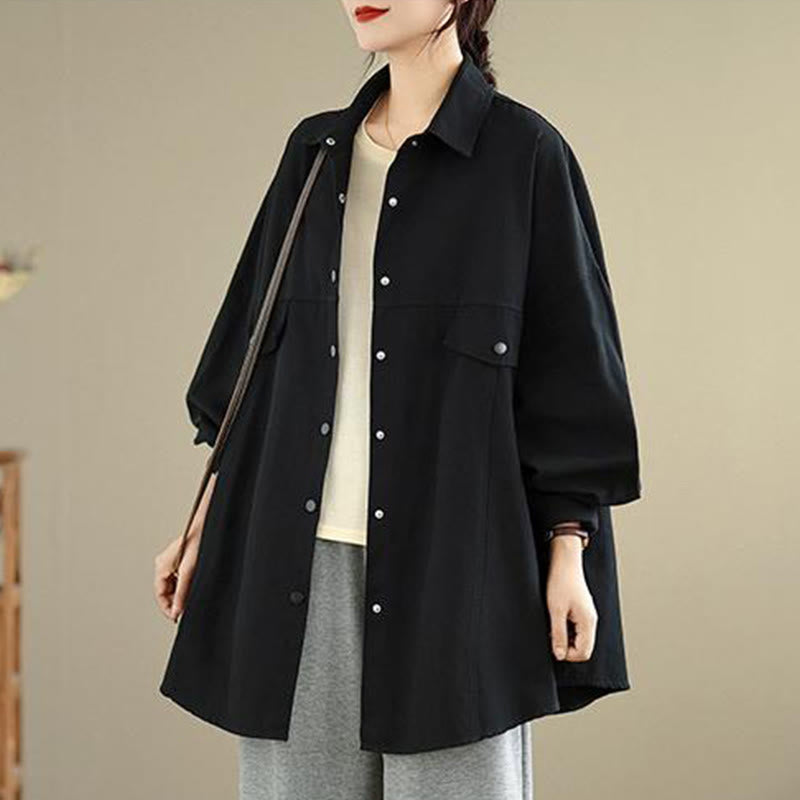 Buddha Stones Chaqueta de algodón de manga larga para mujer, diseño sencillo con botones y solapa de color puro, para otoño - image 6