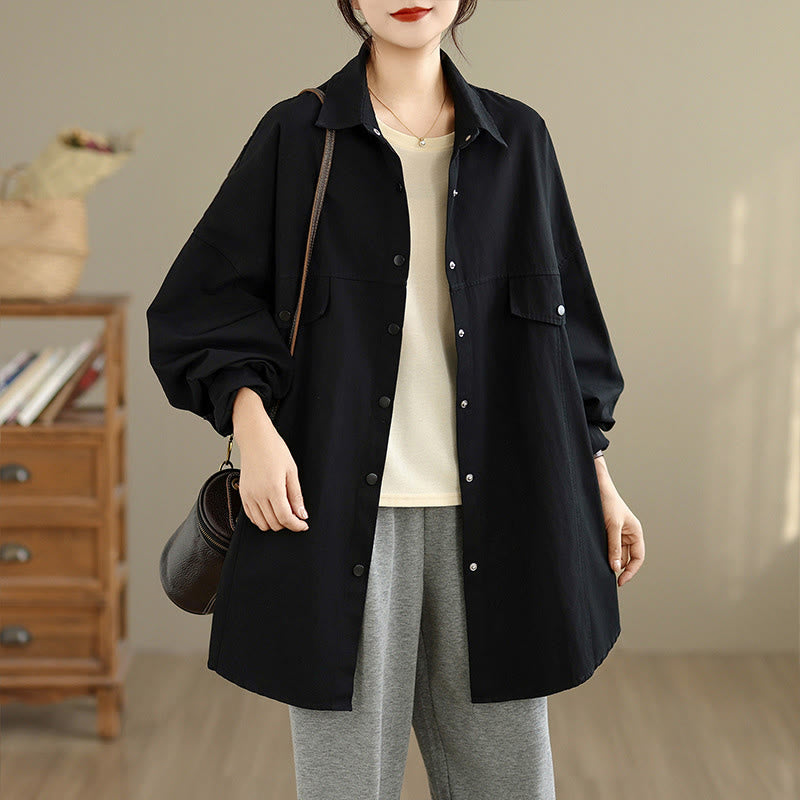 Buddha Stones Chaqueta de algodón de manga larga para mujer, diseño sencillo con botones y solapa de color puro, para otoño - Negro - US14，UK/AU18，EU46 (2XL) - image 5