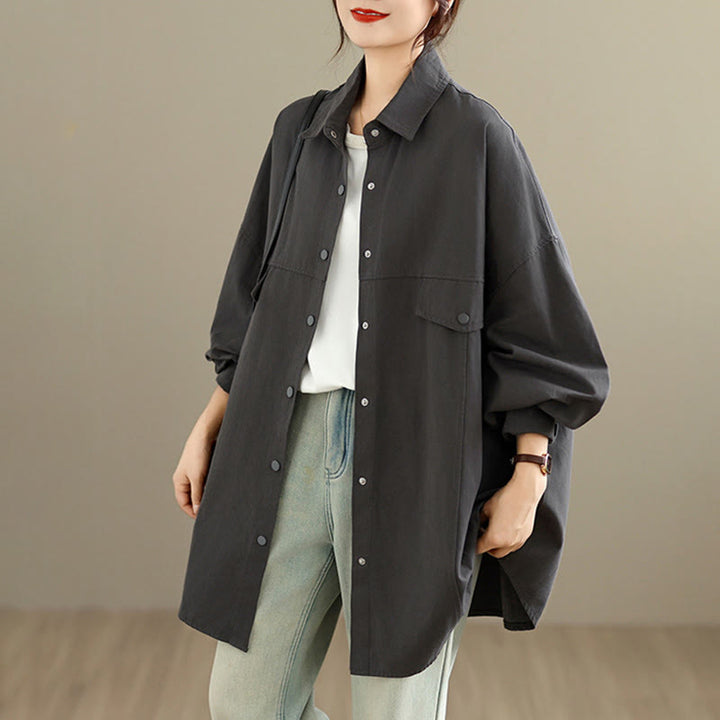 Buddha Stones Chaqueta de algodón de manga larga para mujer, diseño sencillo con botones y solapa de color puro, para otoño - image 1