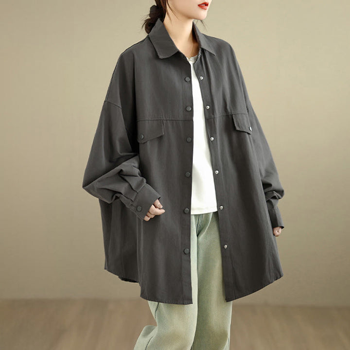 Buddha Stones Chaqueta de algodón de manga larga para mujer, diseño sencillo con botones y solapa de color puro, para otoño - image 3