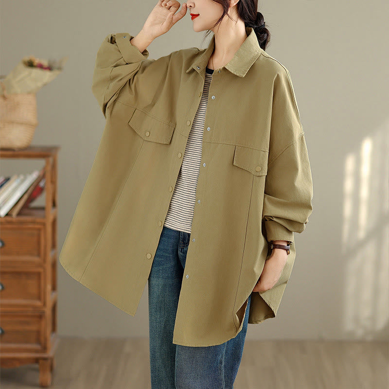 Buddha Stones Chaqueta de algodón de manga larga para mujer, diseño sencillo con botones y solapa de color puro, para otoño - Caqui oscuro - US14，UK/AU18，EU46 (2XL) - image 11