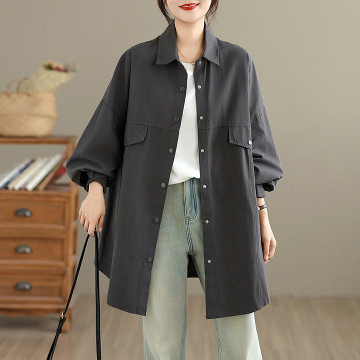 Buddha Stones Chaqueta de algodón de manga larga para mujer, diseño sencillo con botones y solapa de color puro, para otoño - Gris oscuro - US14，UK/AU18，EU46 (2XL) - image 0