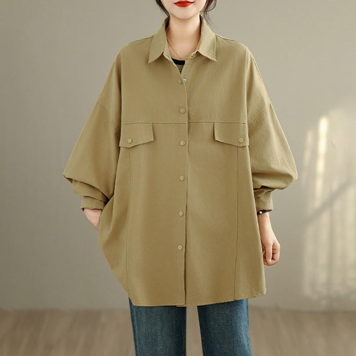 Buddha Stones Chaqueta de algodón de manga larga para mujer, diseño sencillo con botones y solapa de color puro, para otoño - image 16