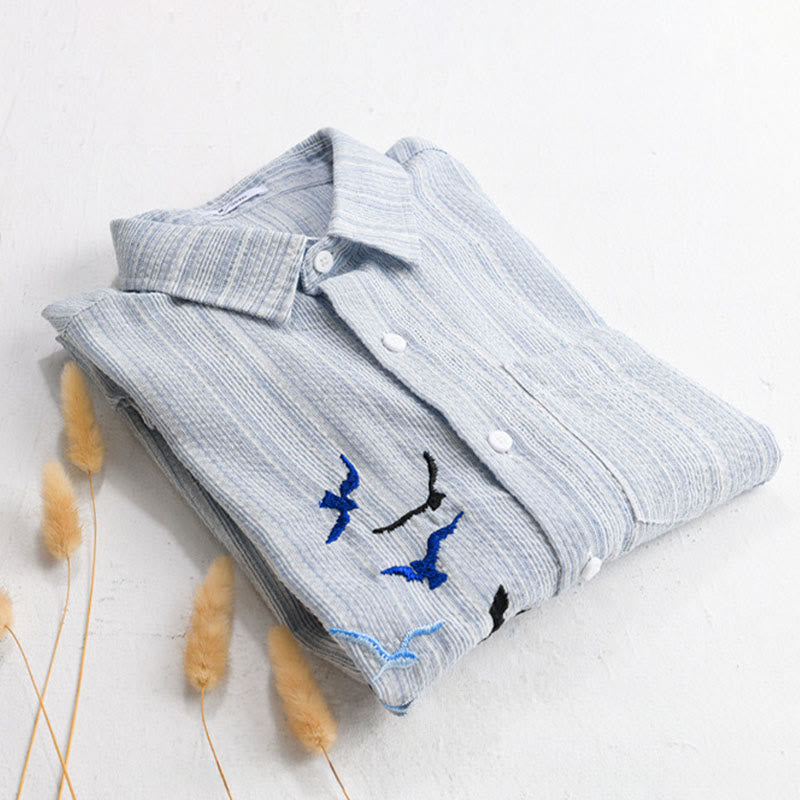 Buddha Stones Camisa de algodón de manga larga para hombre con estampado de rayas de pájaro bordado y bolsillo - image 12