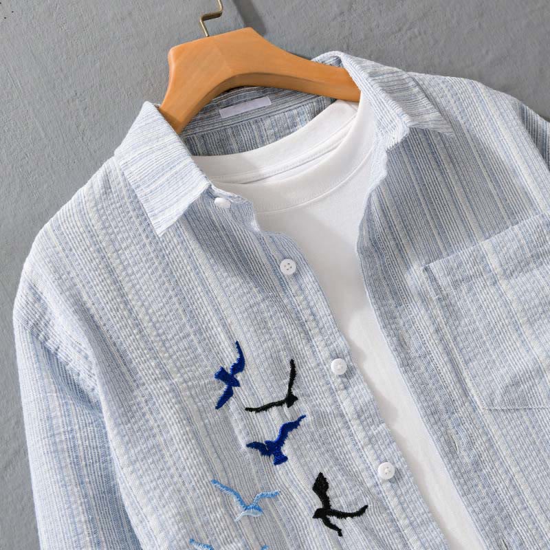 Buddha Stones Camisa de algodón de manga larga para hombre con estampado de rayas de pájaro bordado y bolsillo - image 2