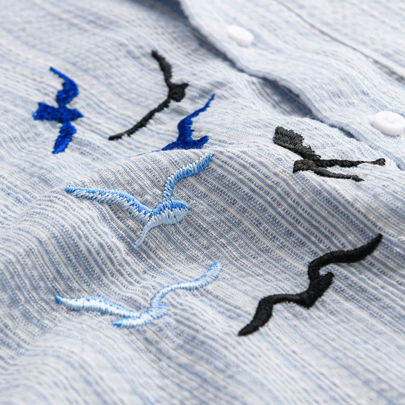 Buddha Stones Camisa de algodón de manga larga para hombre con estampado de rayas de pájaro bordado y bolsillo - image 8