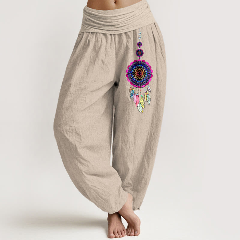 Buddha Stones Pantalones harén de algodón puro con cintura elástica para mujer con estampado de atrapasueños coloridos - Broncearse - US16，UK/AU20，EU48 (3XL) - image 11