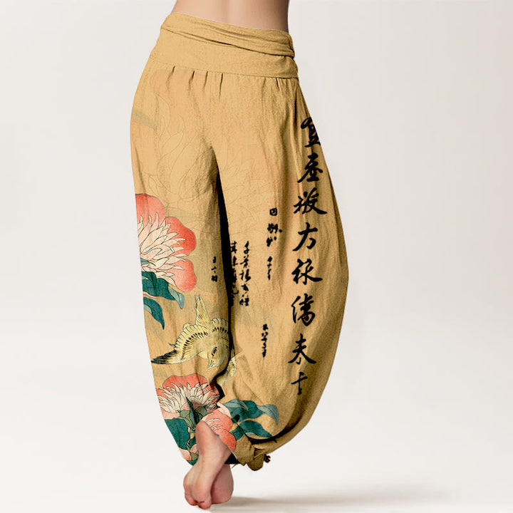 Buddha Stones Pantalones harén de algodón puro con diseño de pájaro peonía y cintura elástica para mujer - image 6