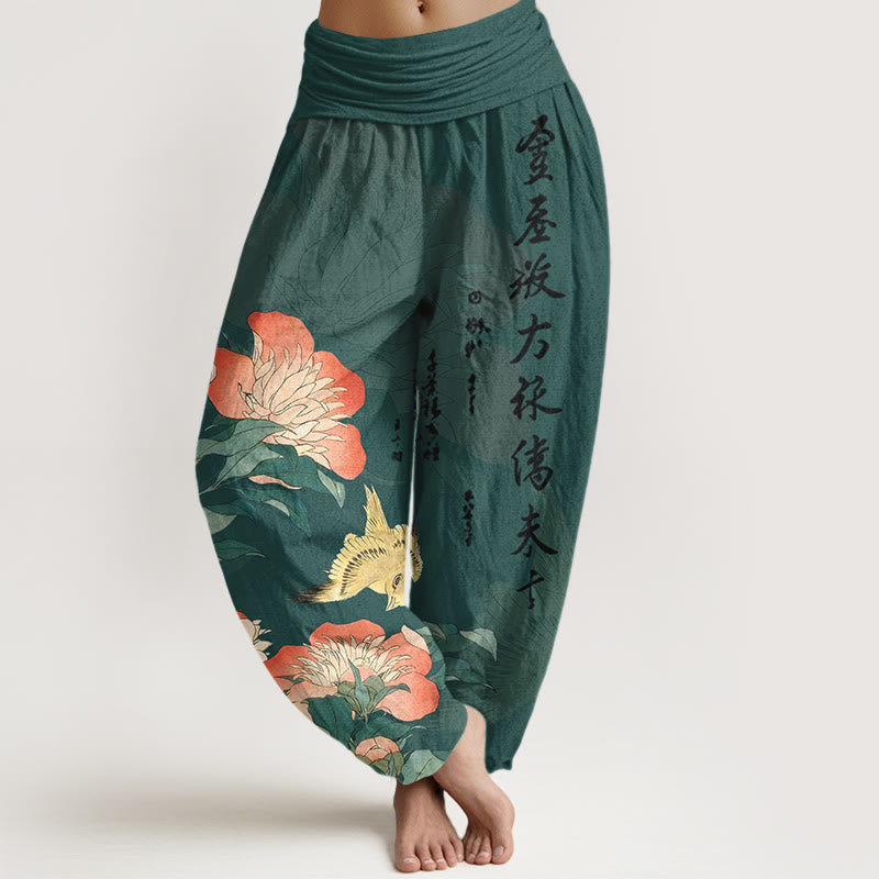 Buddha Stones Pantalones harén de algodón puro con diseño de pájaro peonía y cintura elástica para mujer - Gris pizarra oscuro - US16，UK/AU20，EU48 (3XL) - image 8