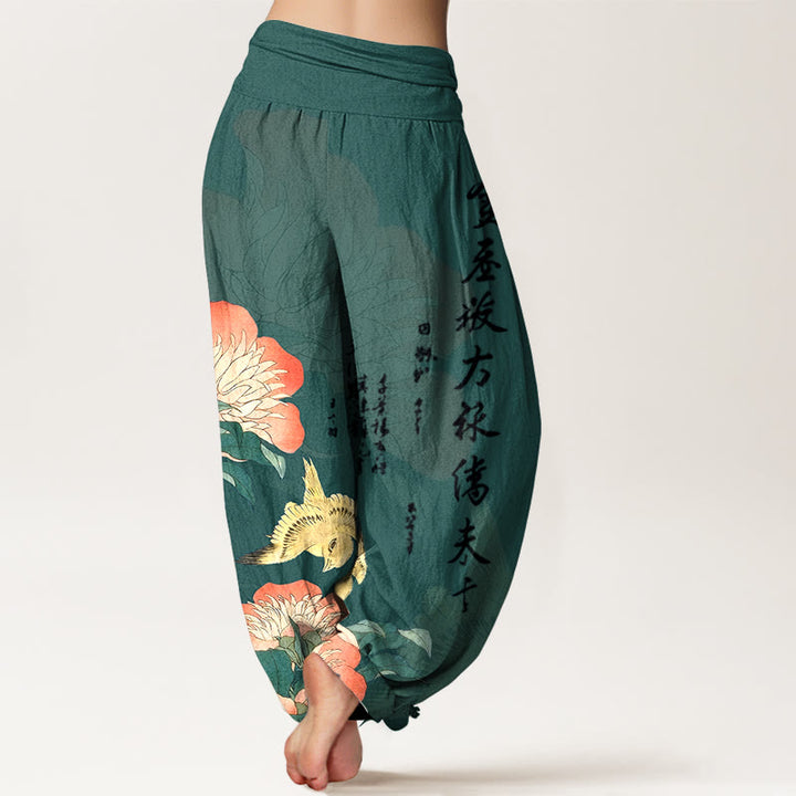Buddha Stones Pantalones harén de algodón puro con diseño de pájaro peonía y cintura elástica para mujer - image 9