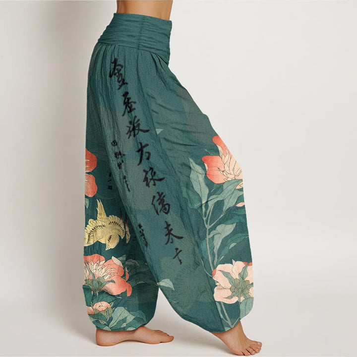 Buddha Stones Pantalones harén de algodón puro con diseño de pájaro peonía y cintura elástica para mujer - image 10