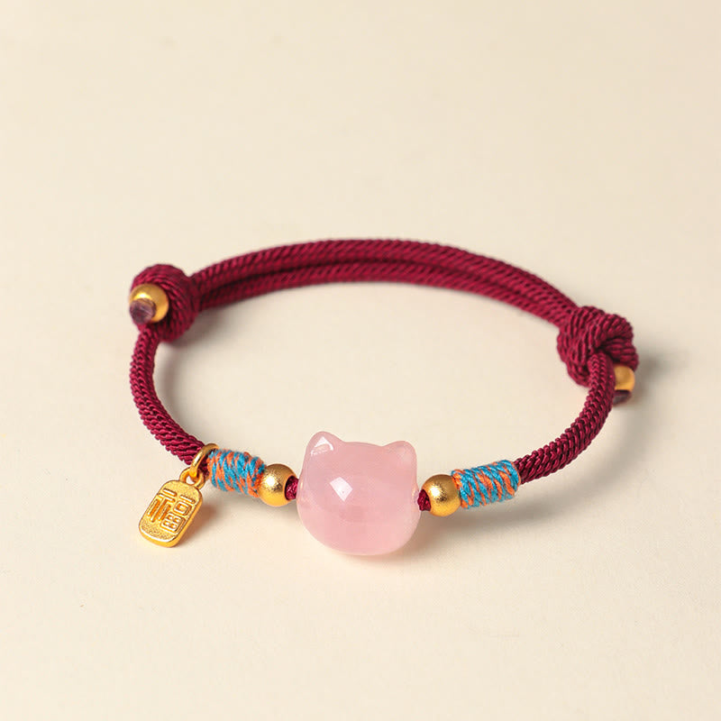 Buddha Stones Pulsera protectora de hilo de cristal rosa obsidiana con brillo plateado y personaje de Cat Fu - image 9