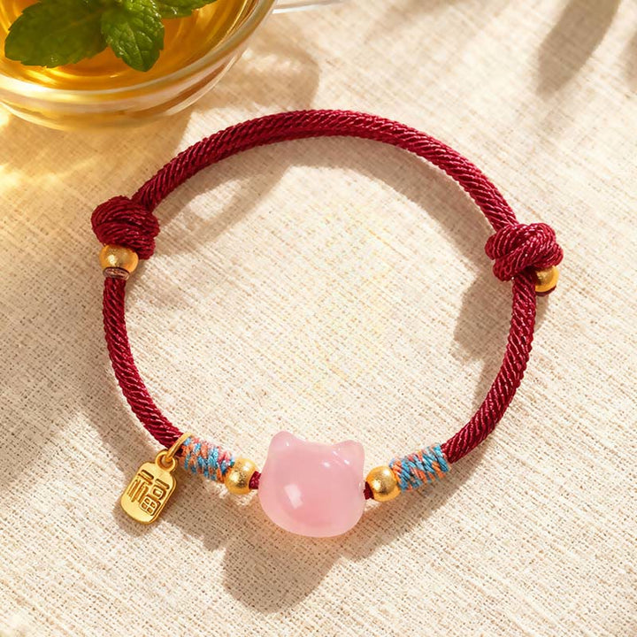 Buddha Stones Pulsera protectora de hilo de cristal rosa obsidiana con brillo plateado y personaje de Cat Fu - Cristal rosa y cuerda roja (circunferencia de la muñeca: 15-18 cm) - image 7