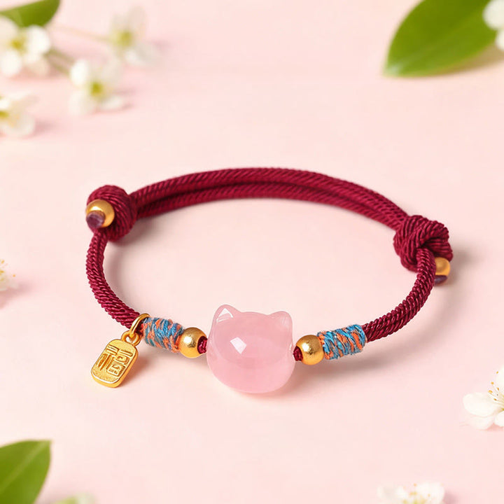 Buddha Stones Pulsera protectora de hilo de cristal rosa obsidiana con brillo plateado y personaje de Cat Fu - image 8