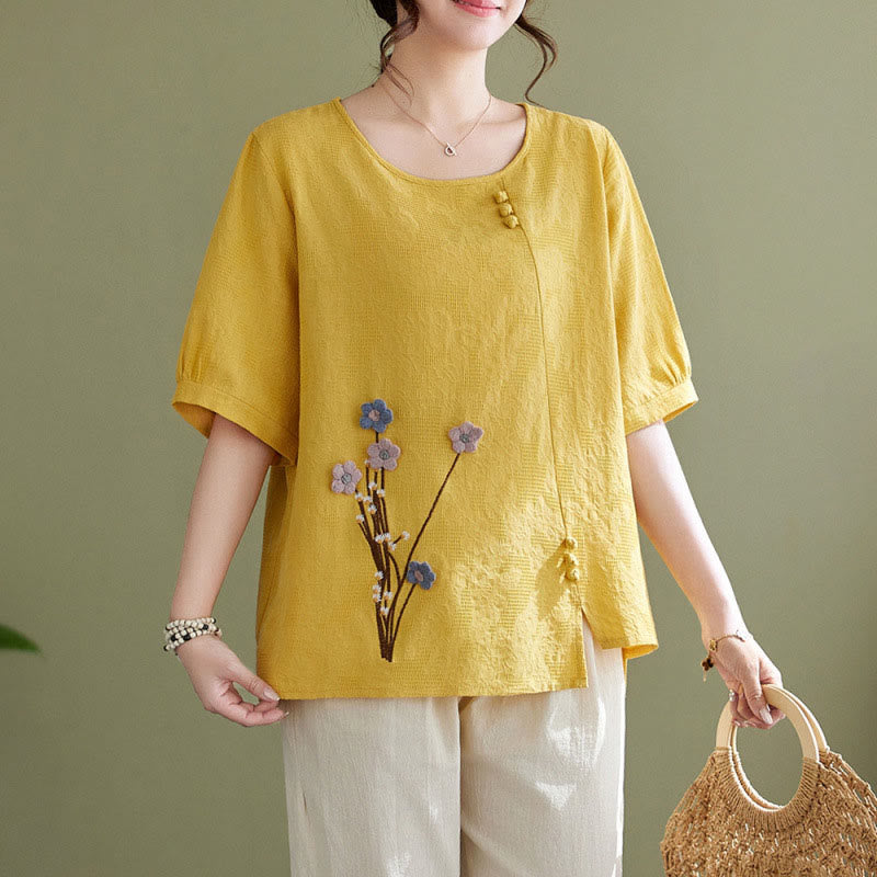 Buddha Stones Camisa de algodón para mujer, manga corta, cuello redondo y diseño de flores tridimensionales - Amarillo - US12, UK/AU16, EU44 (3XL) - image 9