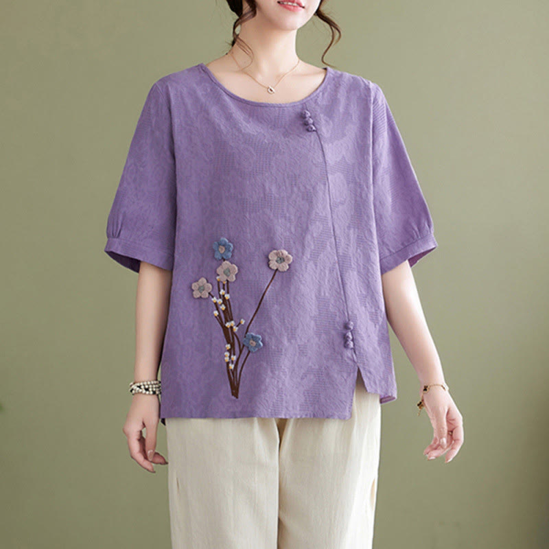 Buddha Stones Camisa de algodón para mujer, manga corta, cuello redondo y diseño de flores tridimensionales - Ciruela - US12, UK/AU16, EU44 (3XL) - image 1