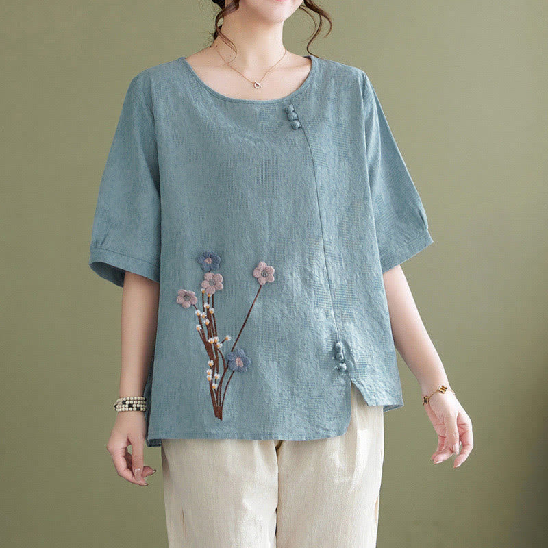 Buddha Stones Camisa de algodón para mujer, manga corta, cuello redondo y diseño de flores tridimensionales - Azul claro - US12, UK/AU16, EU44 (3XL) - image 0