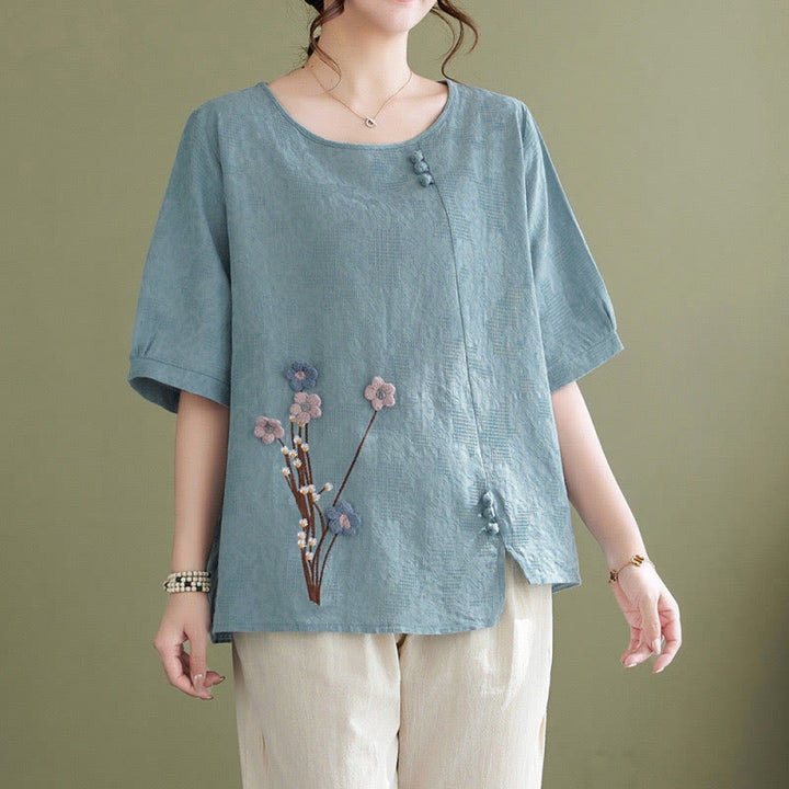 Buddha Stones Camisa de algodón para mujer, manga corta, cuello redondo y diseño de flores tridimensionales - Azul claro - US12, UK/AU16, EU44 (3XL) - image 0