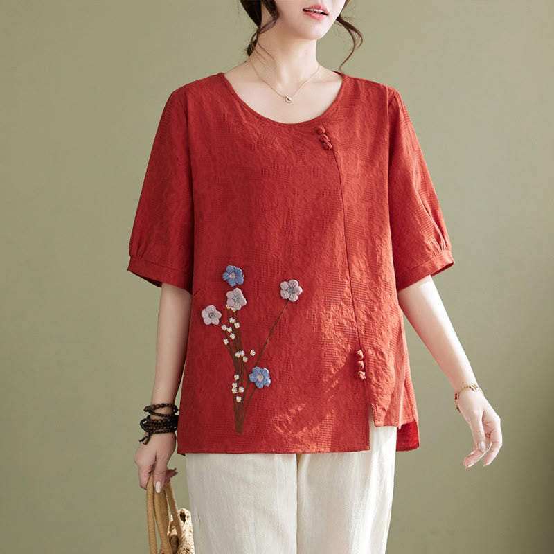 Buddha Stones Camisa de algodón para mujer, manga corta, cuello redondo y diseño de flores tridimensionales - Tomate - US12, UK/AU16, EU44 (3XL) - image 6