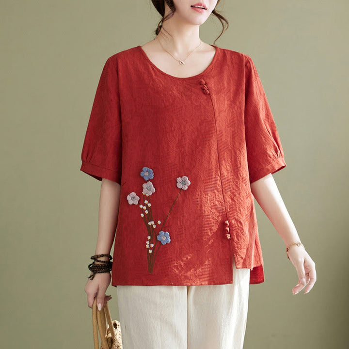 Buddha Stones Camisa de algodón para mujer, manga corta, cuello redondo y diseño de flores tridimensionales - Tomate - US12, UK/AU16, EU44 (3XL) - image 6