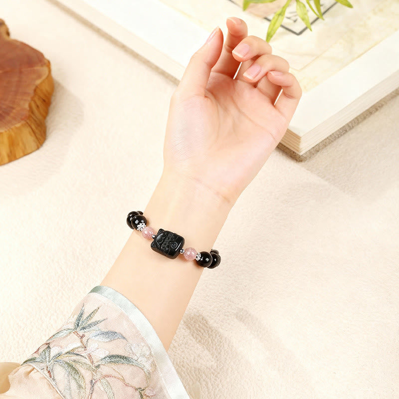 Buddha Stones Pulsera protectora de cuarzo fresa y obsidiana con brillo plateado de gato - image 8