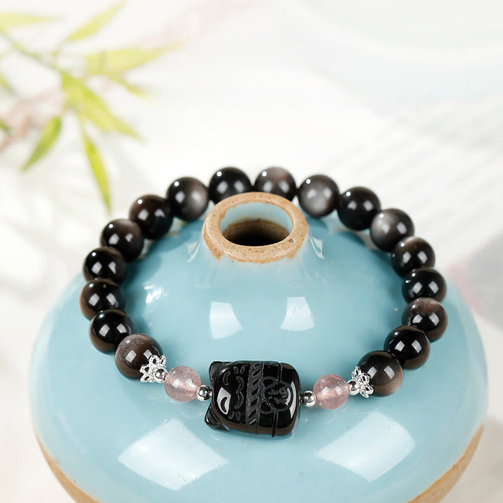 Buddha Stones Pulsera protectora de cuarzo fresa y obsidiana con brillo plateado de gato - image 3