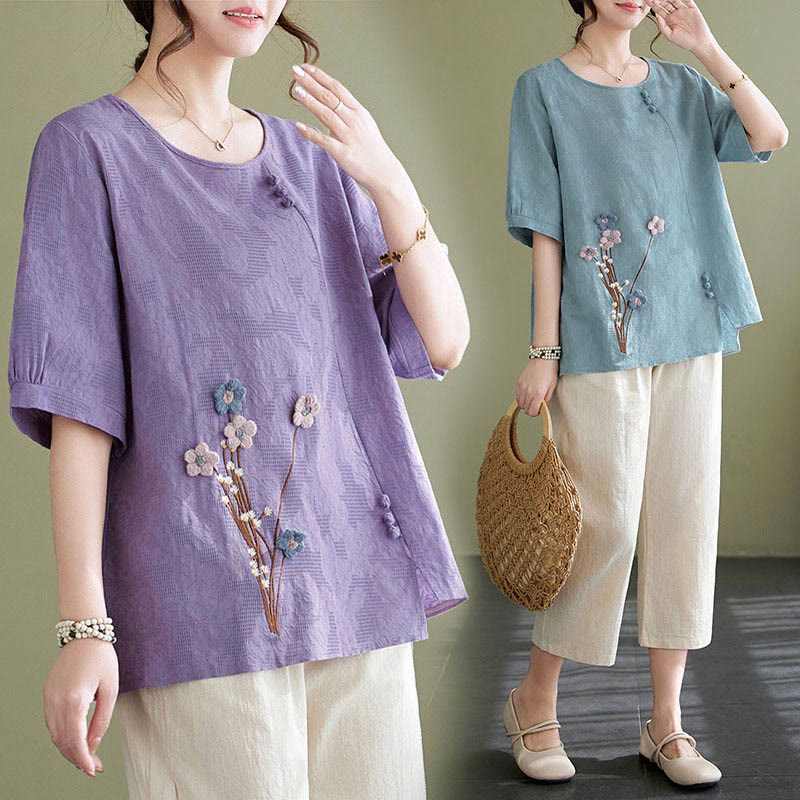Buddha Stones Camisa de algodón para mujer, manga corta, cuello redondo y diseño de flores tridimensionales - image 17