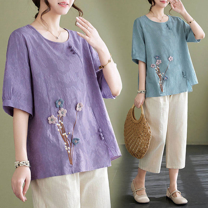 Buddha Stones Camisa de algodón para mujer, manga corta, cuello redondo y diseño de flores tridimensionales - image 17