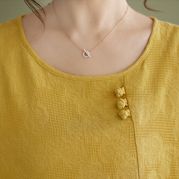 Buddha Stones Camisa de algodón para mujer, manga corta, cuello redondo y diseño de flores tridimensionales - image 11