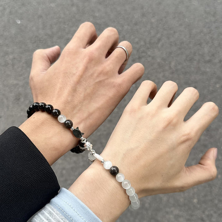 Buddha Stones Pulsera positiva de obsidiana plateada con brillo de ojo de gato blanco y cabeza de gato - image 8