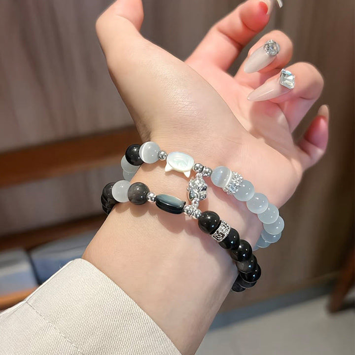 Buddha Stones Pulsera positiva de obsidiana plateada con brillo de ojo de gato blanco y cabeza de gato - image 15