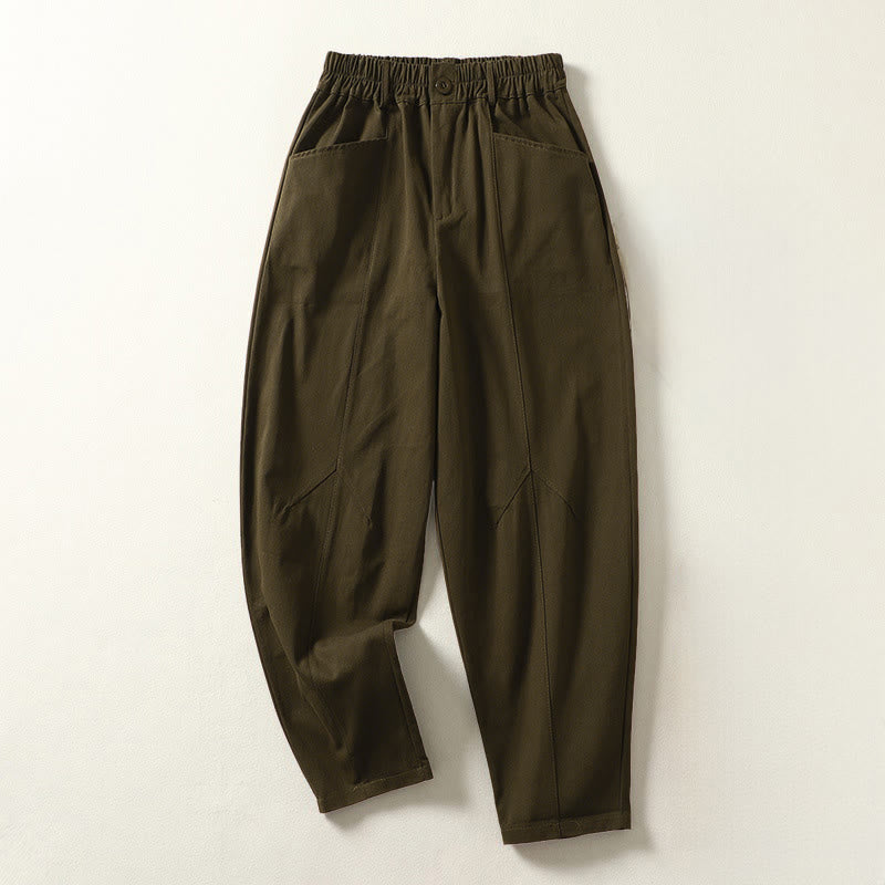 Buddha Stones Pantalones harén de algodón para mujer, hasta el tobillo, con diseño de botones y cremallera, con bolsillos y líneas sencillas de otoño - Marrón silla de montar - US8-10，UK/AU12-14，EU40-42 (2XL) - image 6