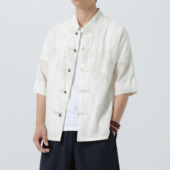 Buddha Stones Camisa de hombre de manga corta con diseño de agujas de pino y botones de rana - Blanco - US/UK/AU46, EU56 (5XL) - image 9