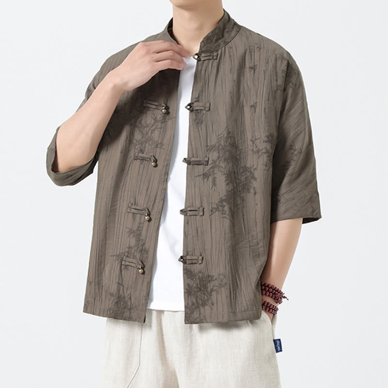 Buddha Stones Camisa de hombre de manga corta con diseño de agujas de pino y botones de rana - image 2