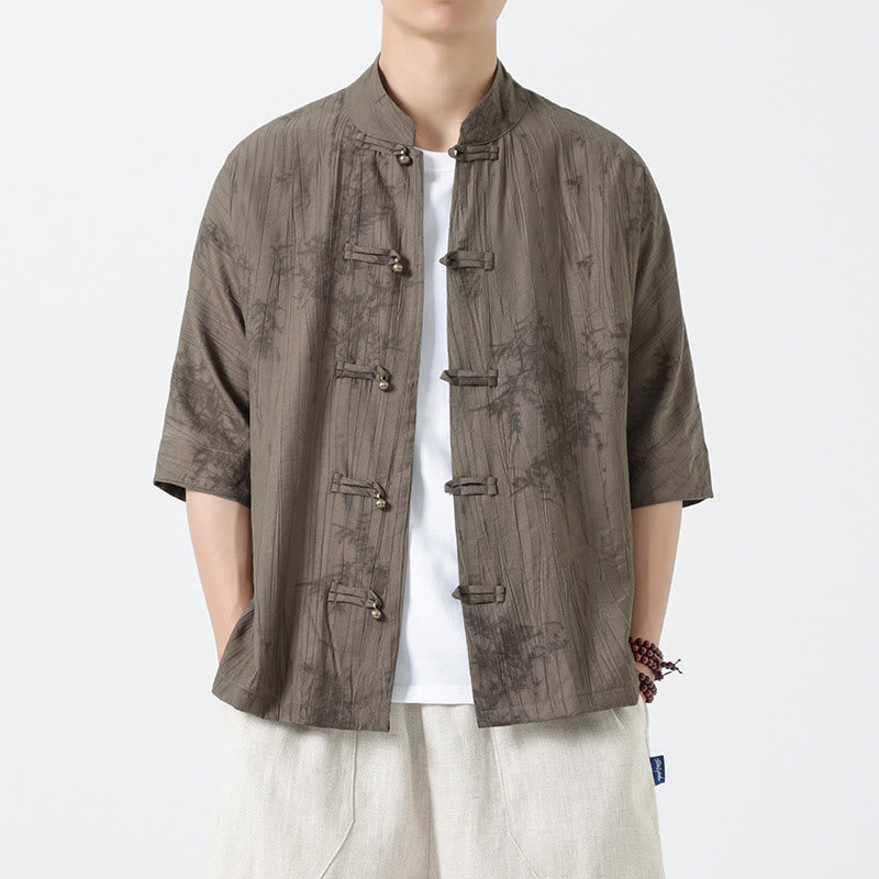 Buddha Stones Camisa de hombre de manga corta con diseño de agujas de pino y botones de rana - image 5