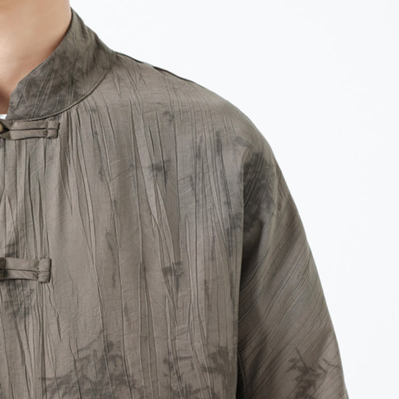 Buddha Stones Camisa de hombre de manga corta con diseño de agujas de pino y botones de rana - image 8