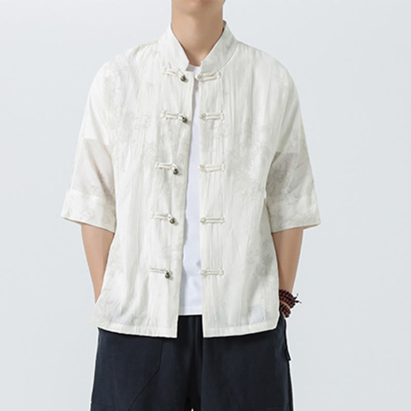 Buddha Stones Camisa de hombre de manga corta con diseño de agujas de pino y botones de rana - image 15