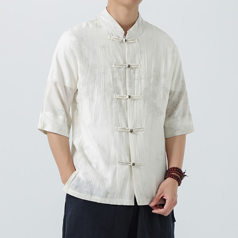 Buddha Stones Camisa de hombre de manga corta con diseño de agujas de pino y botones de rana - image 10