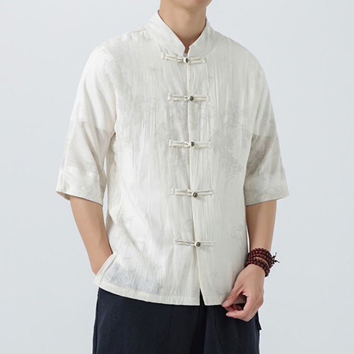 Buddha Stones Camisa de hombre de manga corta con diseño de agujas de pino y botones de rana - image 10