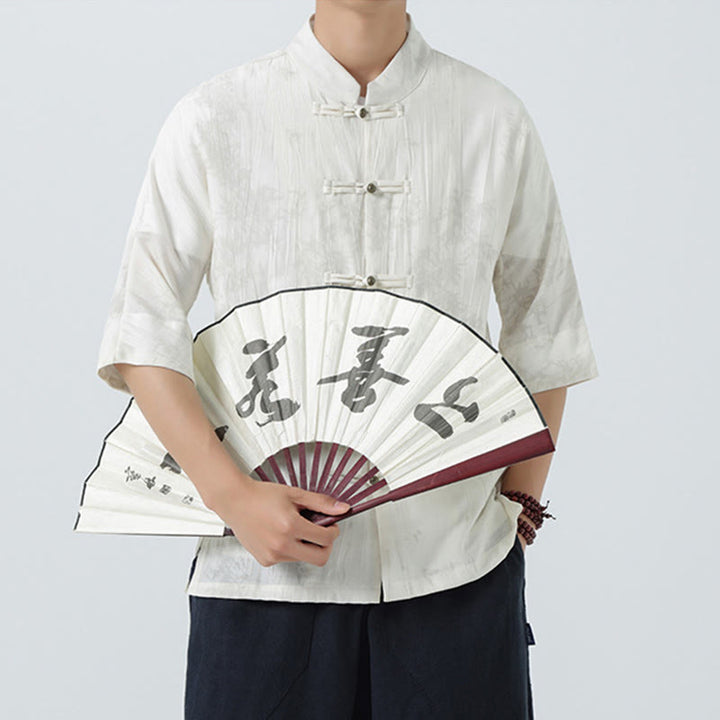 Buddha Stones Camisa de hombre de manga corta con diseño de agujas de pino y botones de rana - image 17