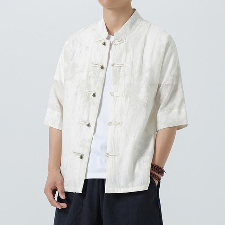 Buddha Stones Camisa de hombre de manga corta con diseño de agujas de pino y botones de rana - image 13