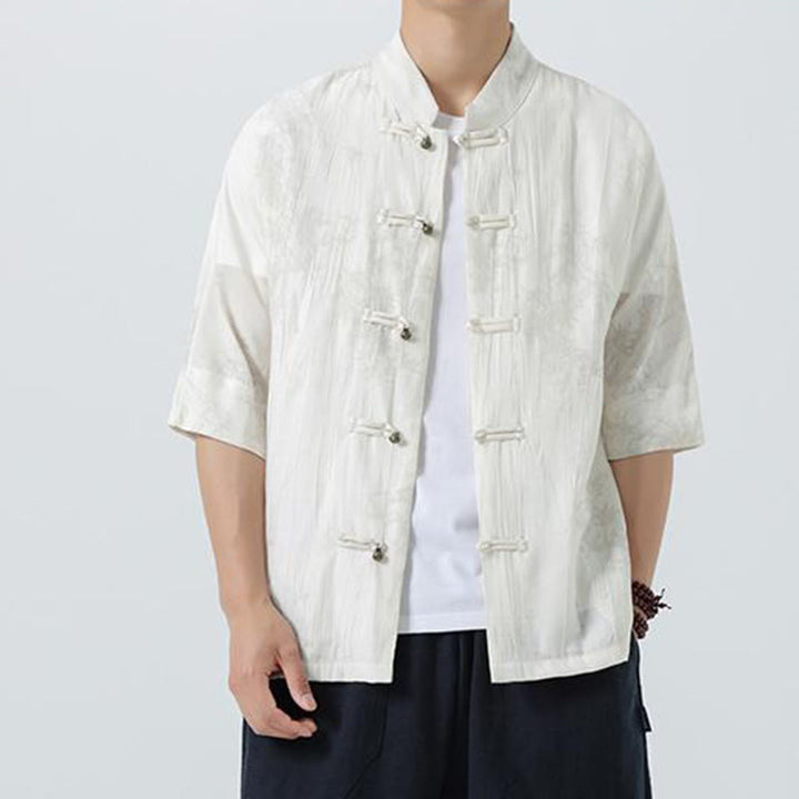 Buddha Stones Camisa de hombre de manga corta con diseño de agujas de pino y botones de rana - image 11