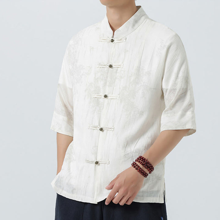 Buddha Stones Camisa de hombre de manga corta con diseño de agujas de pino y botones de rana - image 14